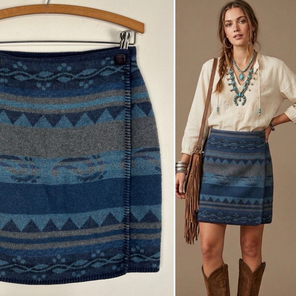 VTG 90s EXPRESS Compagnie Internationale 11/12 Wool Wrap Skirt Blue Tribal Aztec